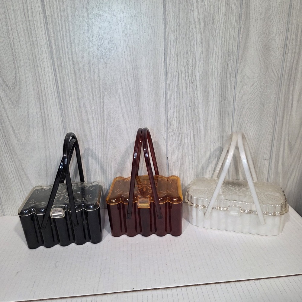 Vtg Carved Lucite Box Purse Lyndhurst Handbags Butterscotch Amber Pearl Black